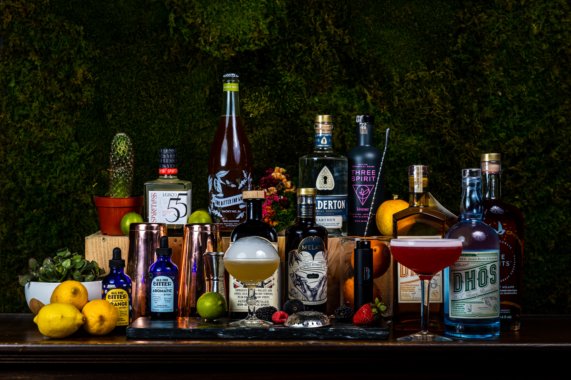 Premium non-alcoholic spirits collection with craft cocktails